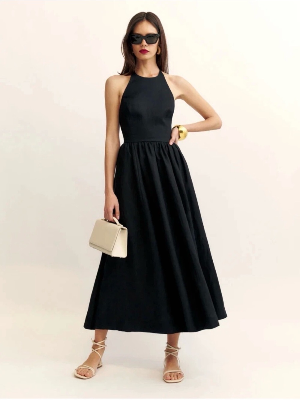 Reformation Percy Black 100% Linen Halter Open Low T Back A Line Dress Midi